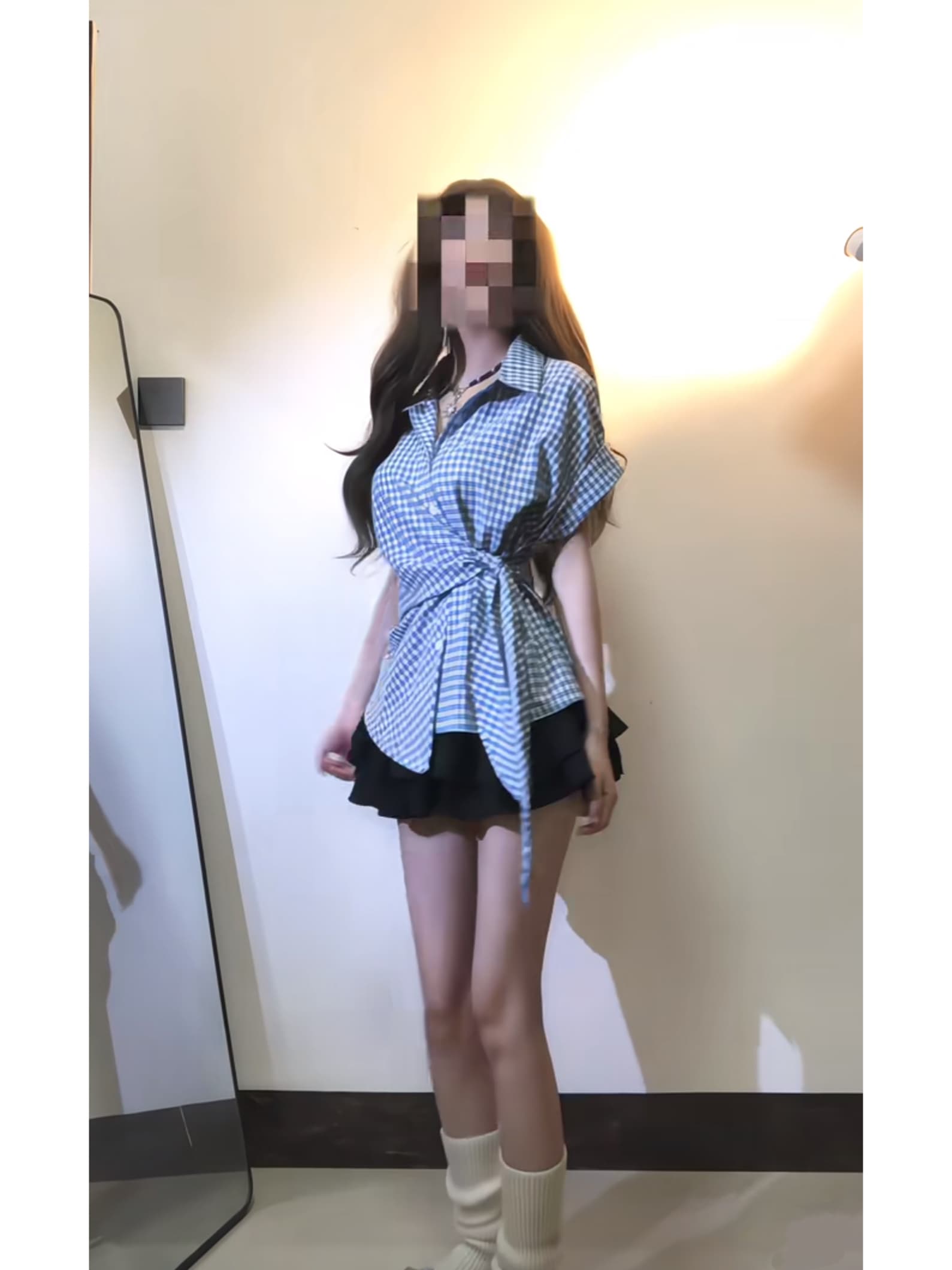 디자인 센스 POLO 칼라 불규칙 셔츠 스트랩 허리 수축 슬림해 보이는 맨위 퍼프 꽃밭 반신 미니 스커트 세트 이미지 2