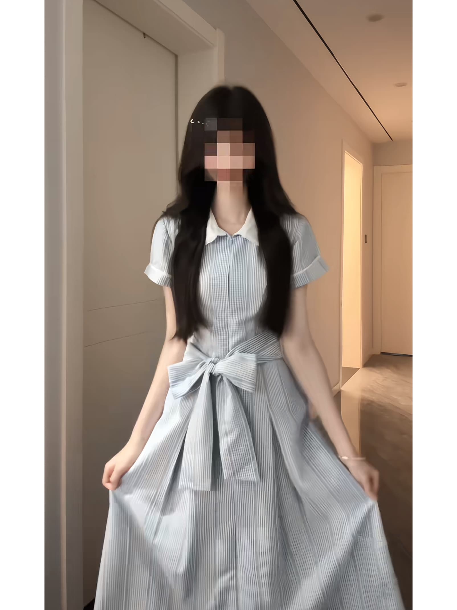 달콤함 디스플레이 화이트 파란색 반팔 드레스 여름 학원 스타일 부드러운 아름다운 중간 길이 스커트 상세 이미지 2