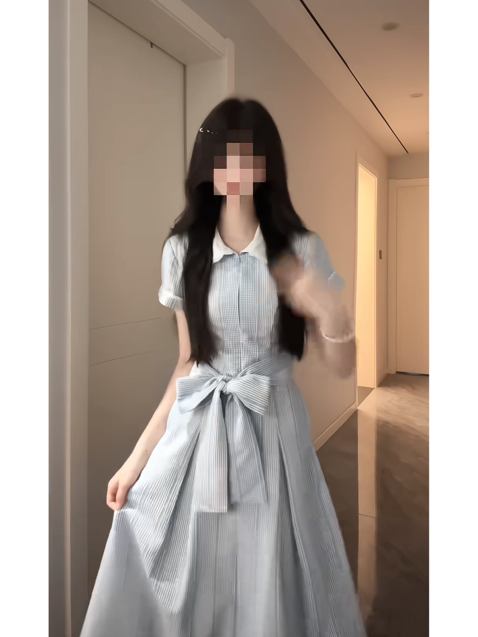 달콤함 디스플레이 화이트 파란색 반팔 드레스 여름 학원 스타일 부드러운 아름다운 중간 길이 스커트 상세 이미지 3