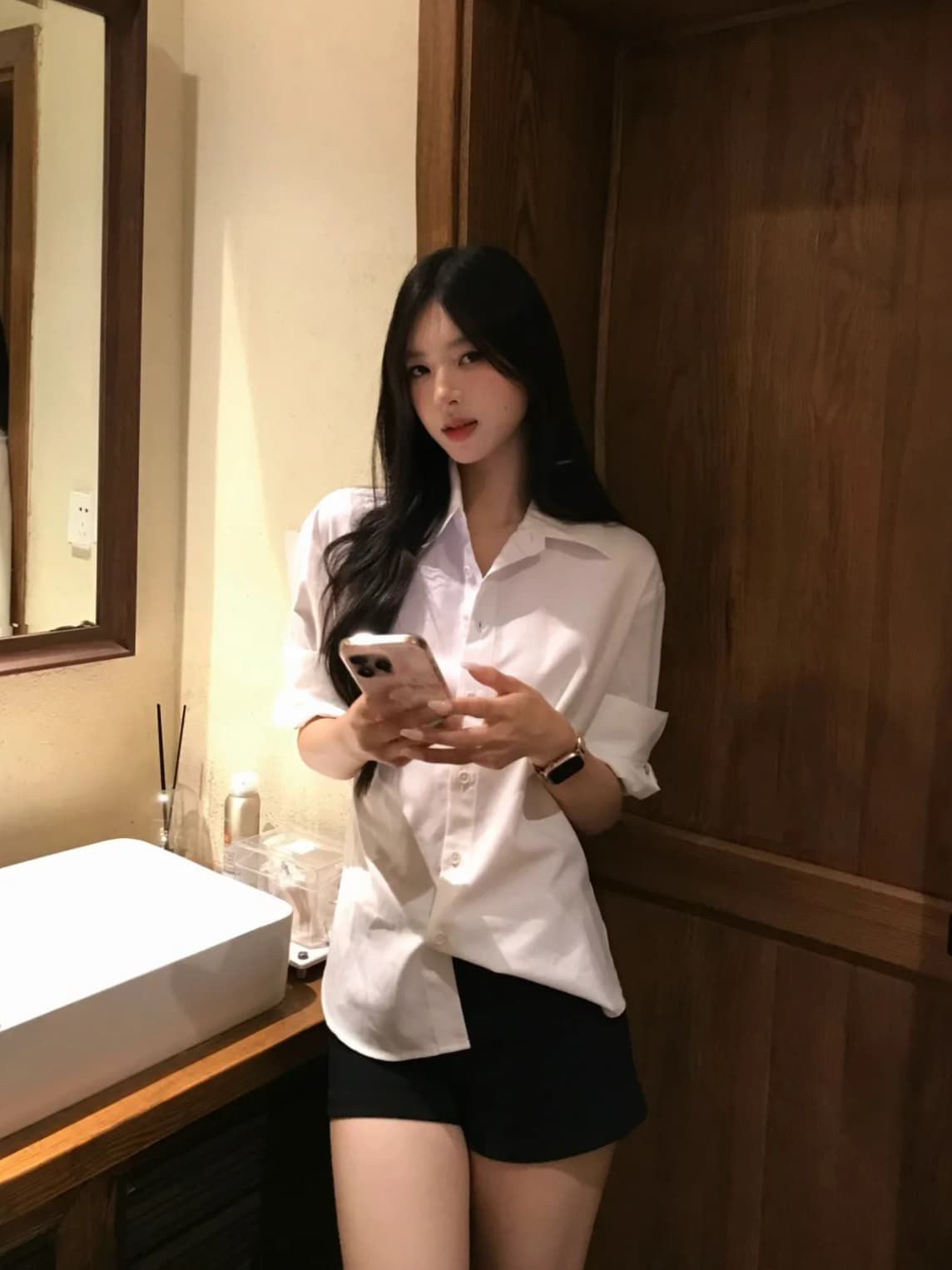 순수한 욕망 느긋한 자외선 차단 화이트 셔츠 루즈핏 얇은 스타일 캐주얼 긴팔 맨위 검정색 반바지 세트 이미지 2