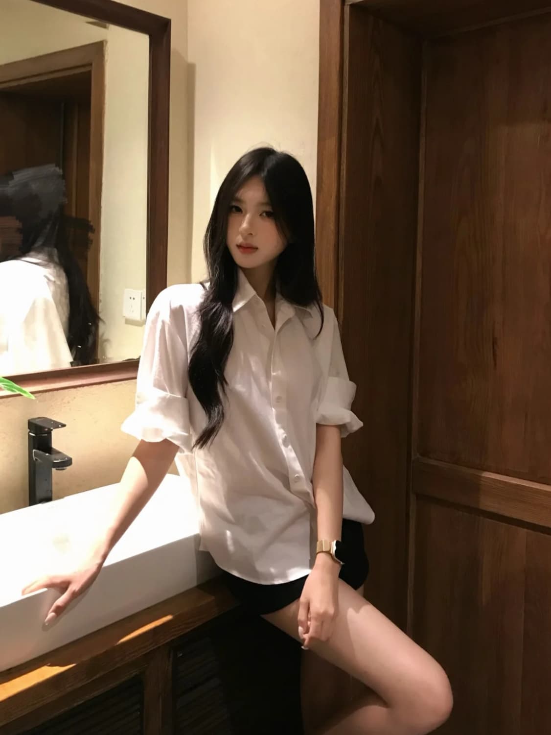 순수한 욕망 느긋한 자외선 차단 화이트 셔츠 루즈핏 얇은 스타일 캐주얼 긴팔 맨위 검정색 반바지 세트 상세 이미지 2