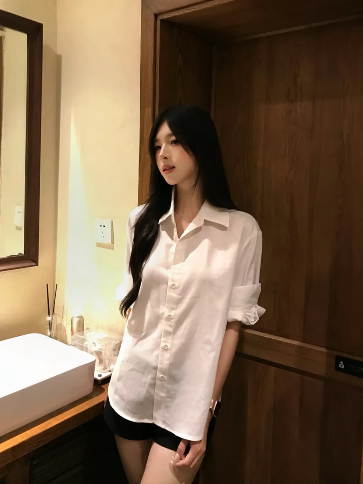 순수한 욕망 느긋한 자외선 차단 화이트 셔츠 루즈핏 얇은 스타일 캐주얼 긴팔 맨위 검정색 반바지 세트 상세 이미지 4