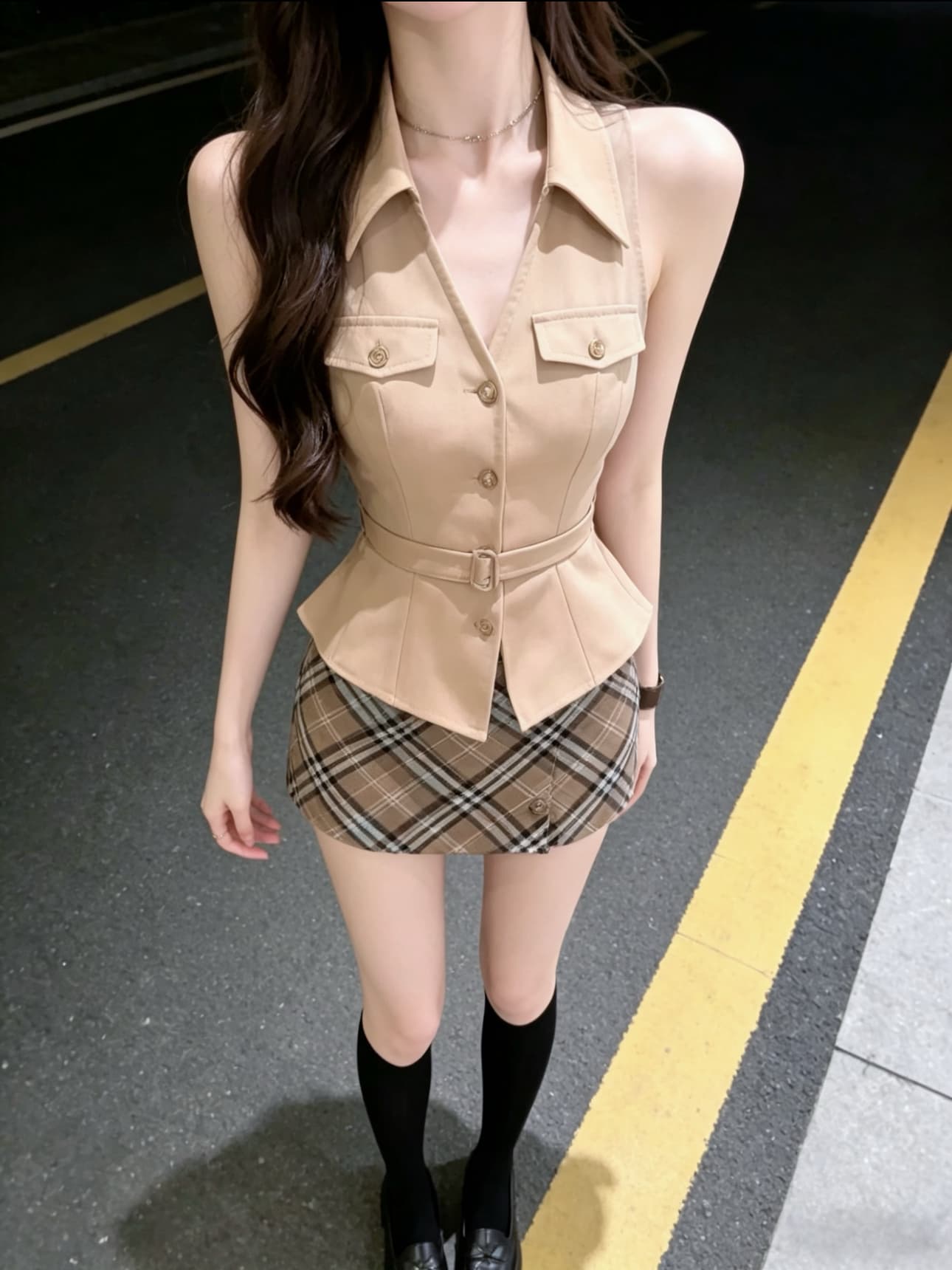 핫걸 작은 대중 디자인 프랑스식 숙녀 품격 허리 수축 슬림해 보이는 민소매 맨위 반 스커트 세트 이미지 2