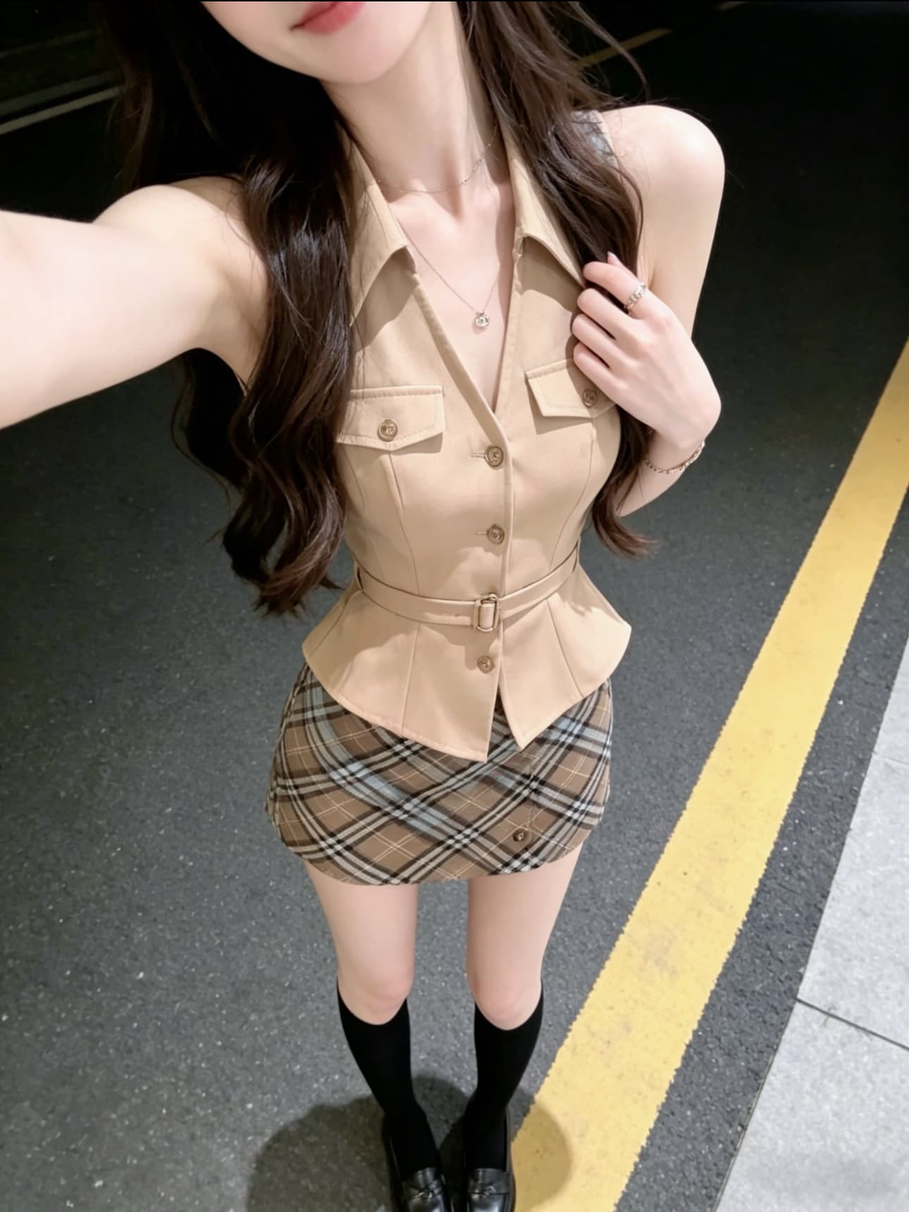 핫걸 작은 대중 디자인 프랑스식 숙녀 품격 허리 수축 슬림해 보이는 민소매 맨위 반 스커트 세트 이미지 3