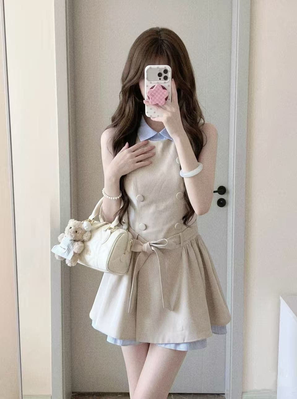 프랑스식 학원 천 금빛 바람 이중 버튼 허리 수축 드레스 여름 배색 패치워크 페이크 레이어드 디자인 한 마디 미니 스커트 상세 이미지 3