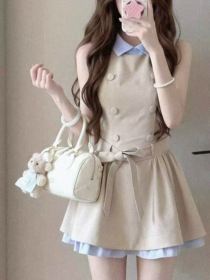 프랑스식 학원 천 금빛 바람 이중 버튼 허리 수축 드레스 여름 배색 패치워크 페이크 레이어드 디자인 한 마디 미니 스커트 상세 이미지 4