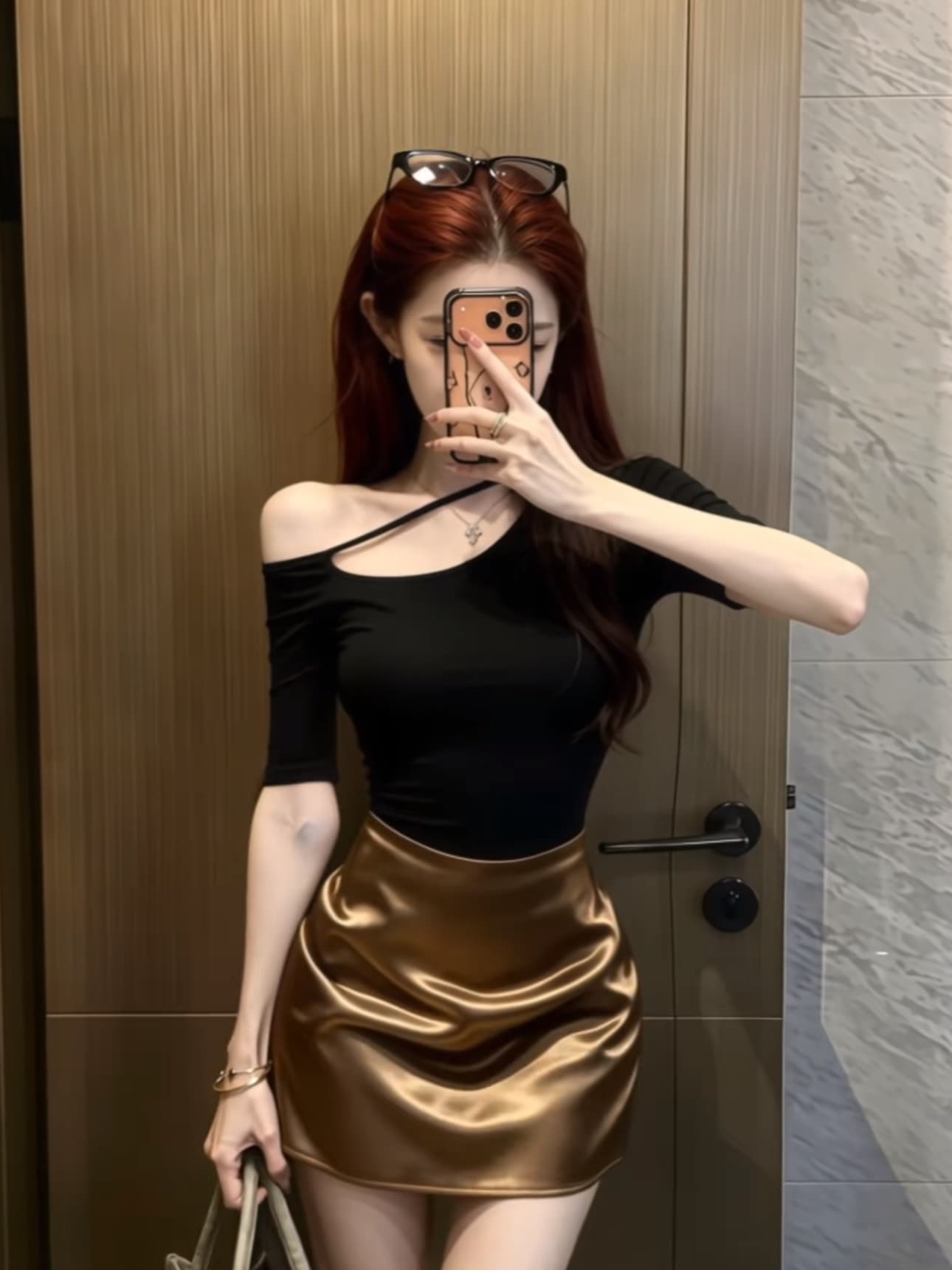 순수한 욕망 바람 디자인 센스 비스듬한 어깨 몸매 가꾸기 반팔 새로운 패션 세트 하이웨이스트 타이트 스커트 슬림해 보이는 반신 스커트