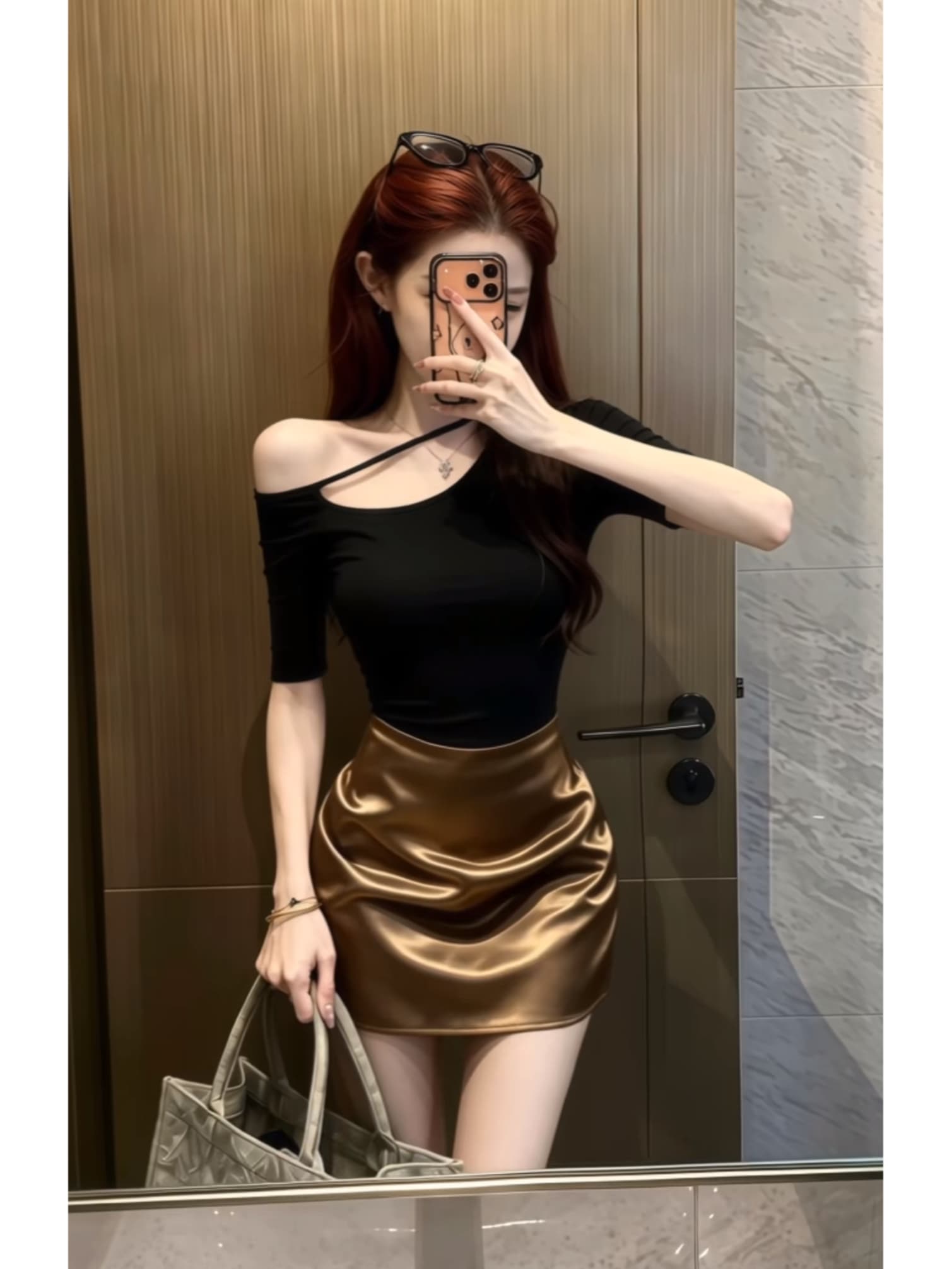순수한 욕망 바람 디자인 센스 비스듬한 어깨 몸매 가꾸기 반팔 새로운 패션 세트 하이웨이스트 타이트 스커트 슬림해 보이는 반신 스커트 이미지 4