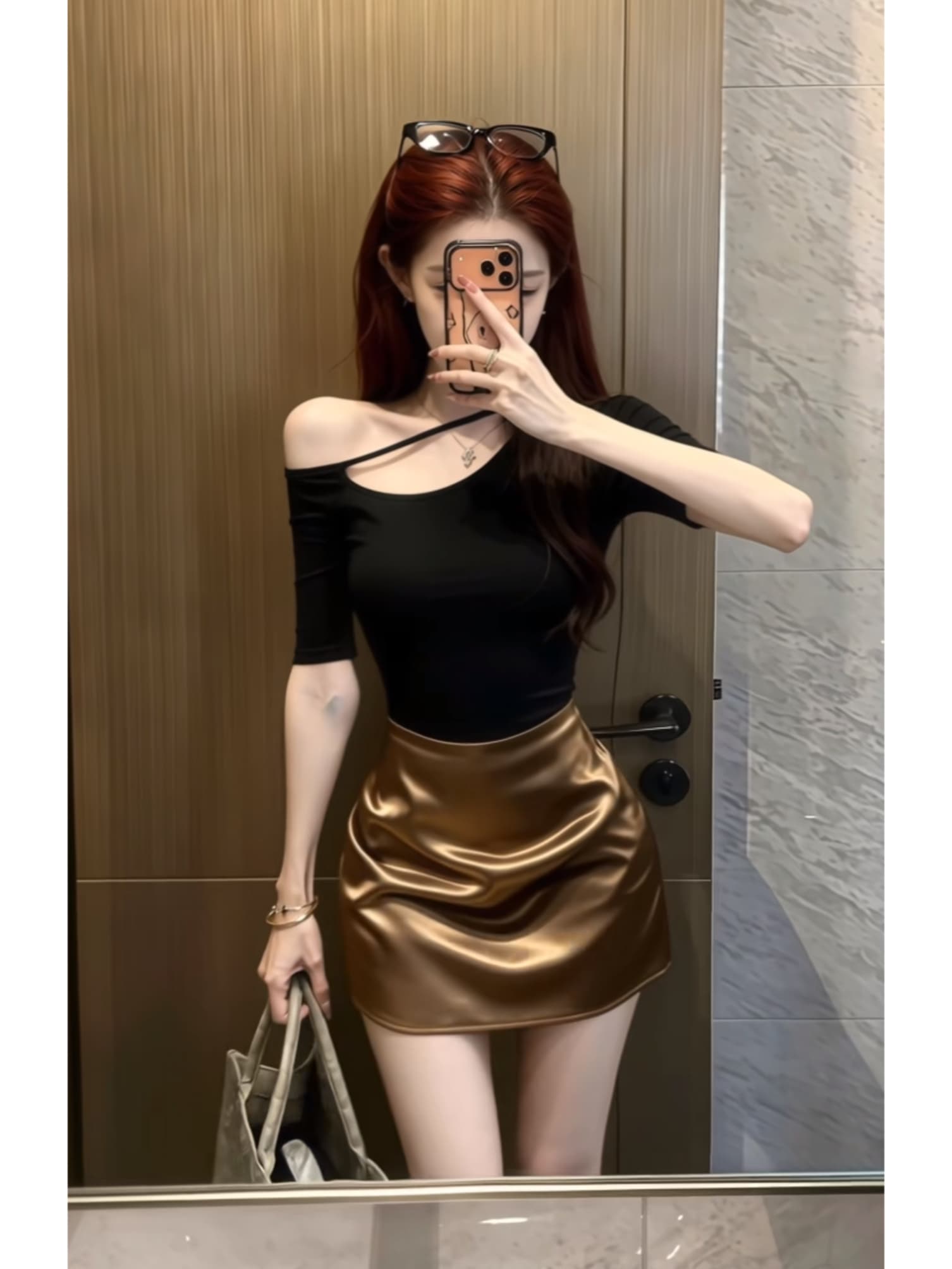 순수한 욕망 바람 디자인 센스 비스듬한 어깨 몸매 가꾸기 반팔 새로운 패션 세트 하이웨이스트 타이트 스커트 슬림해 보이는 반신 스커트 상세 이미지 1