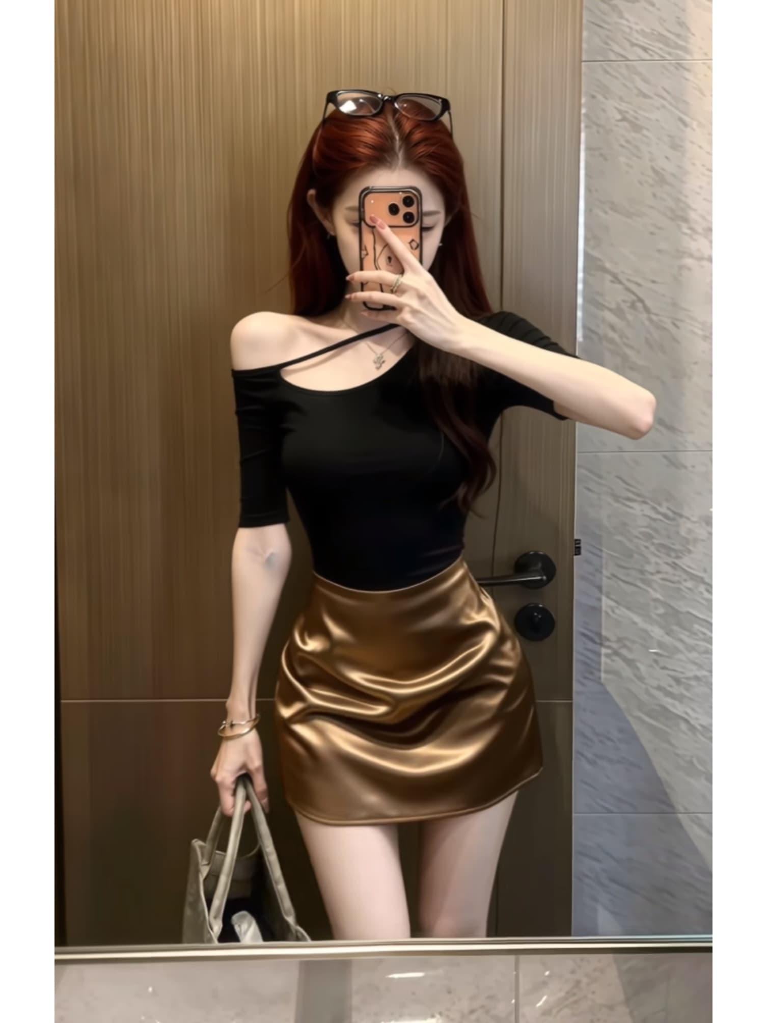 순수한 욕망 바람 디자인 센스 비스듬한 어깨 몸매 가꾸기 반팔 새로운 패션 세트 하이웨이스트 타이트 스커트 슬림해 보이는 반신 스커트 상세 이미지 3