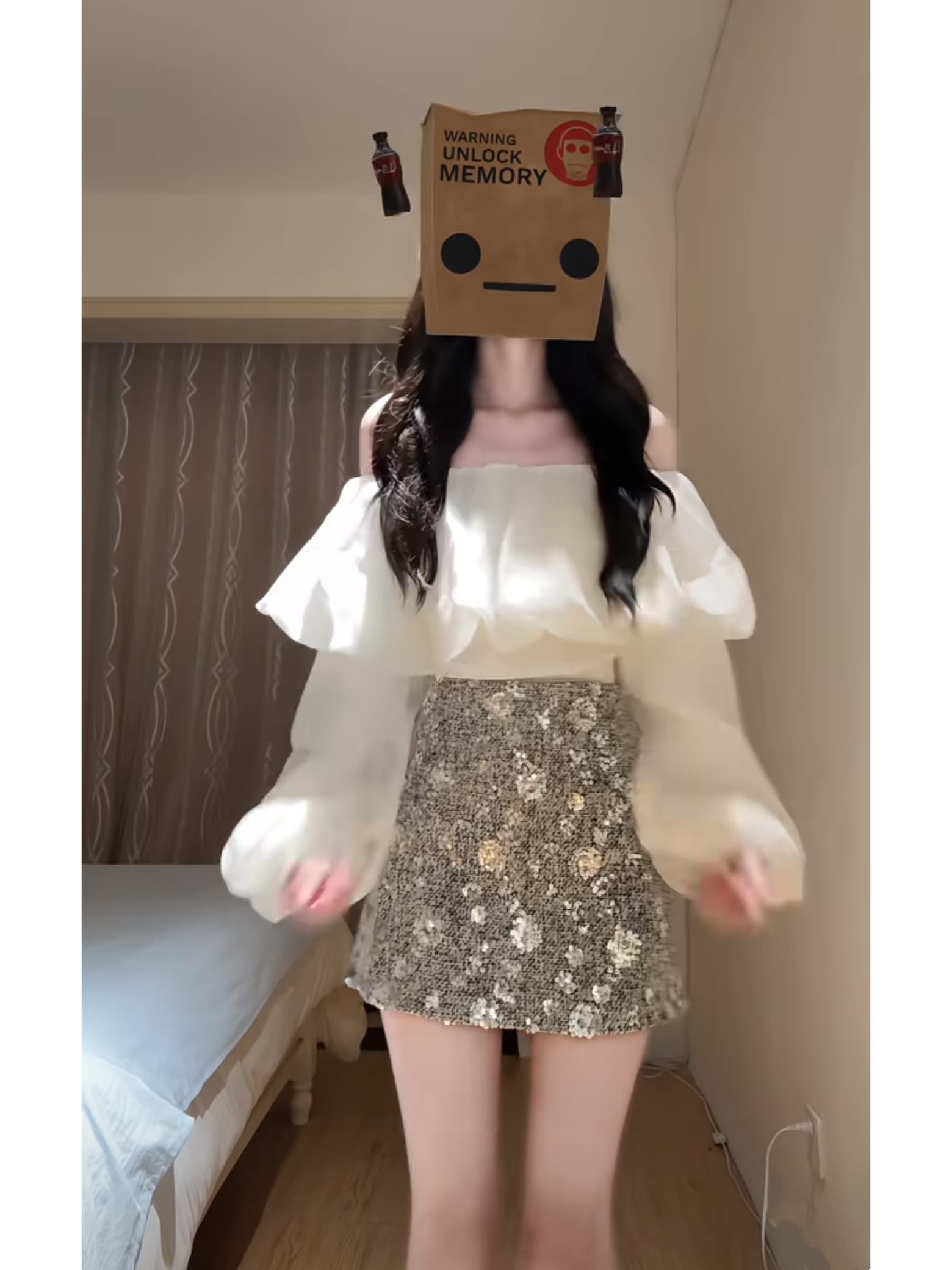 고급 센스 오프숄더 거품 소매 쉬폰 블라우스 슈퍼 요정 퍼프 맨위 스팽글 타이트 스커트 반신 치마 세트 이미지 2