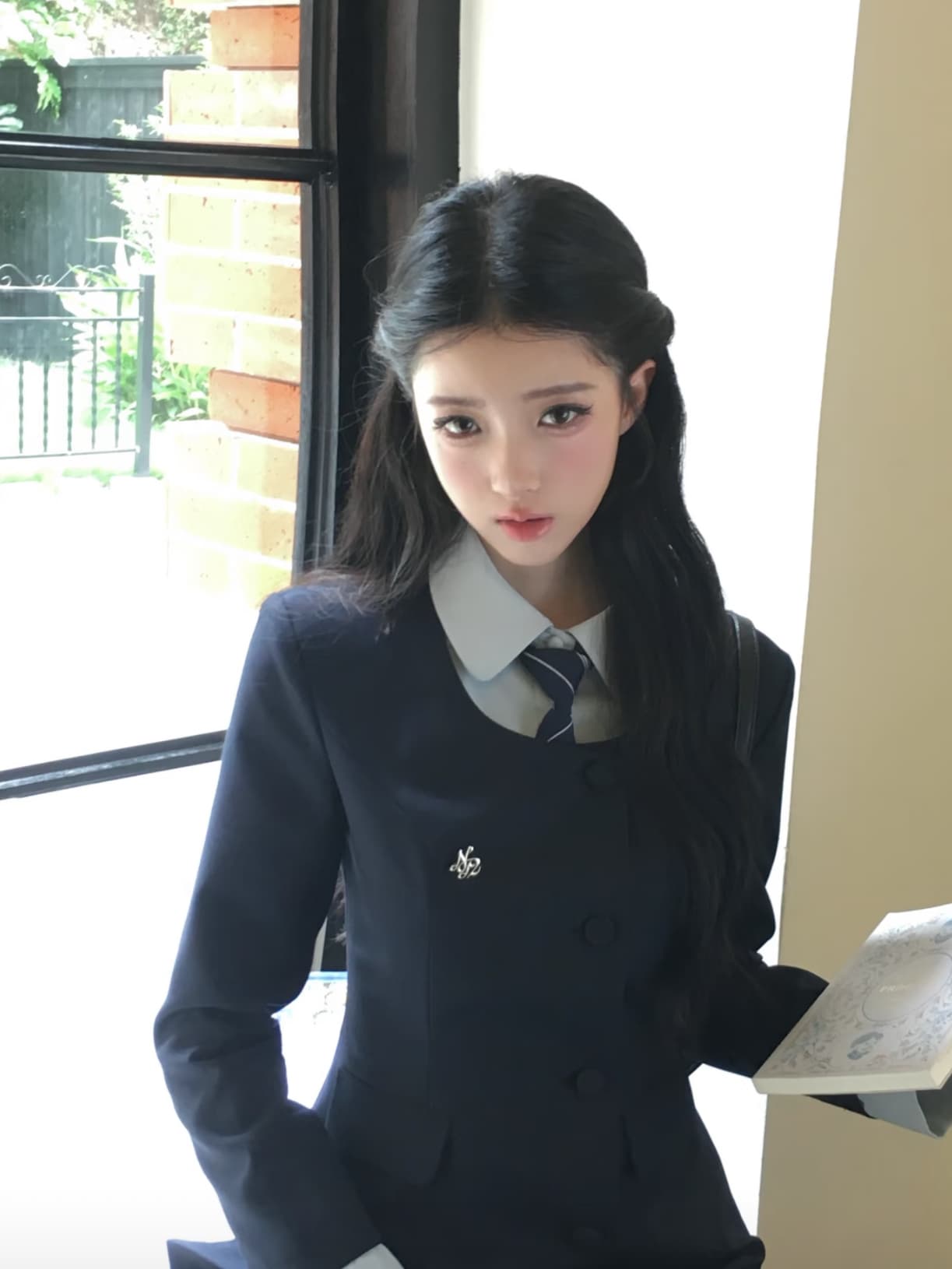 은밀한 대학교 천 골드 한 부서 학원 스타일 디자인 센스 페이크 레이어드 칼라 허리 수축 정장 플리츠 연령 감소 미니 스커트 이미지 4