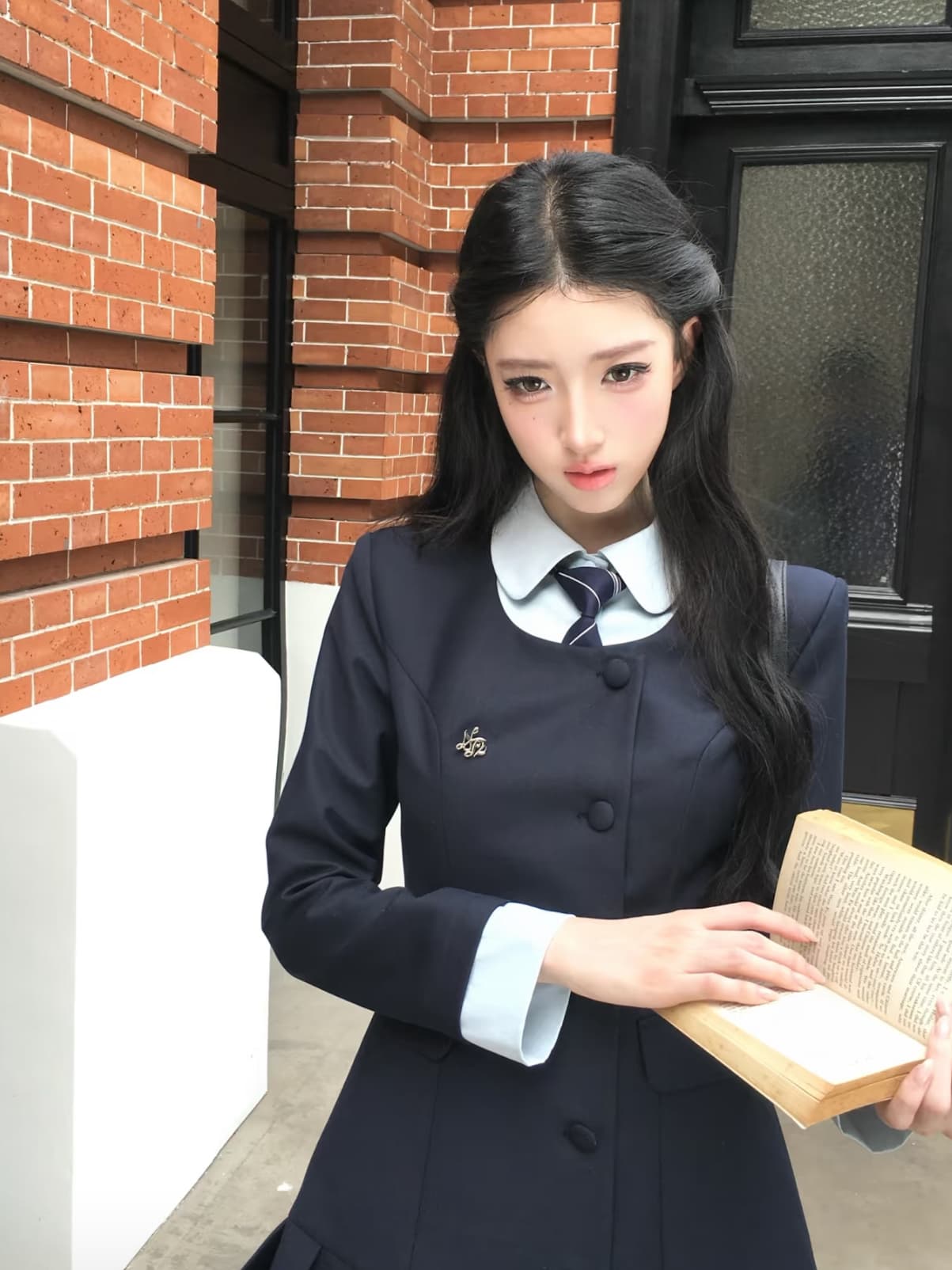 은밀한 대학교 천 골드 한 부서 학원 스타일 디자인 센스 페이크 레이어드 칼라 허리 수축 정장 플리츠 연령 감소 미니 스커트 상세 이미지 1