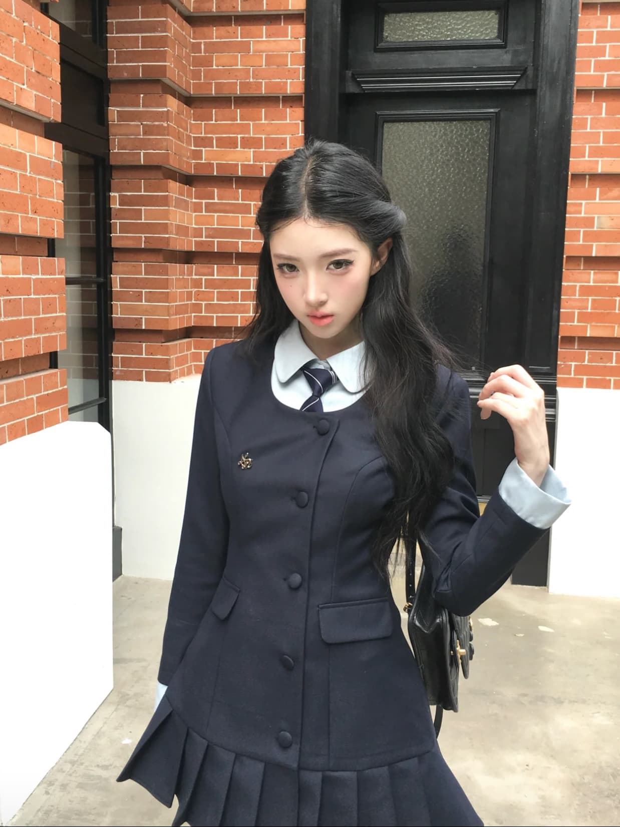 은밀한 대학교 천 골드 한 부서 학원 스타일 디자인 센스 페이크 레이어드 칼라 허리 수축 정장 플리츠 연령 감소 미니 스커트 상세 이미지 2