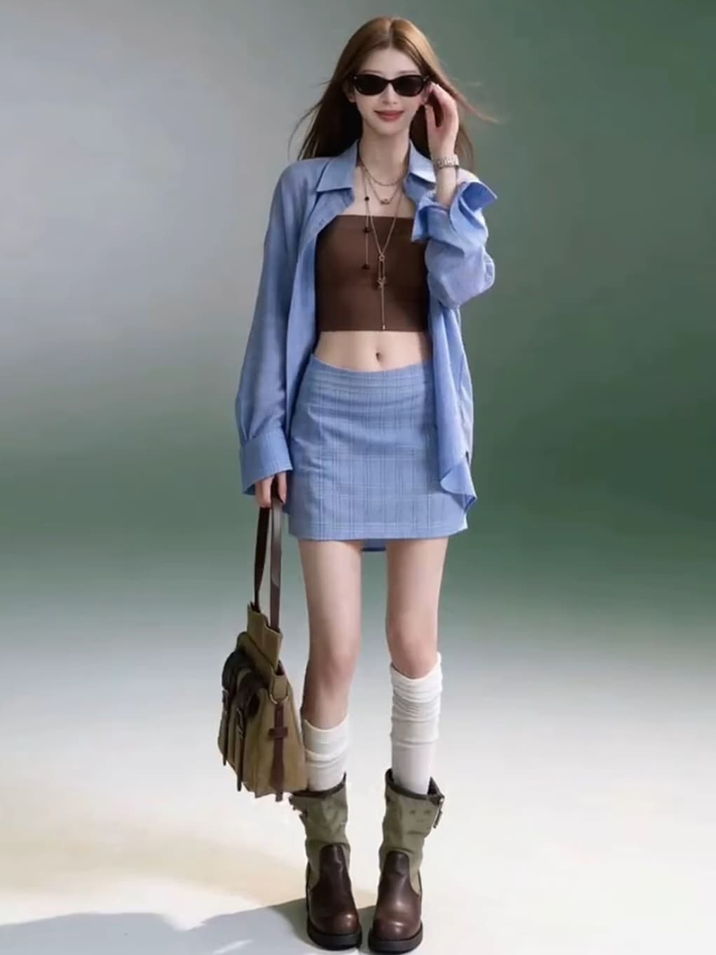 이른 가을 바다 소금 신선함 캐주얼 격자 무늬 셔츠 재킷 한 마디 미니 스커트 안티 시즌 착용 가져 가라. 세트 여성 데이트 착용 가져 가라. 상세 이미지 2