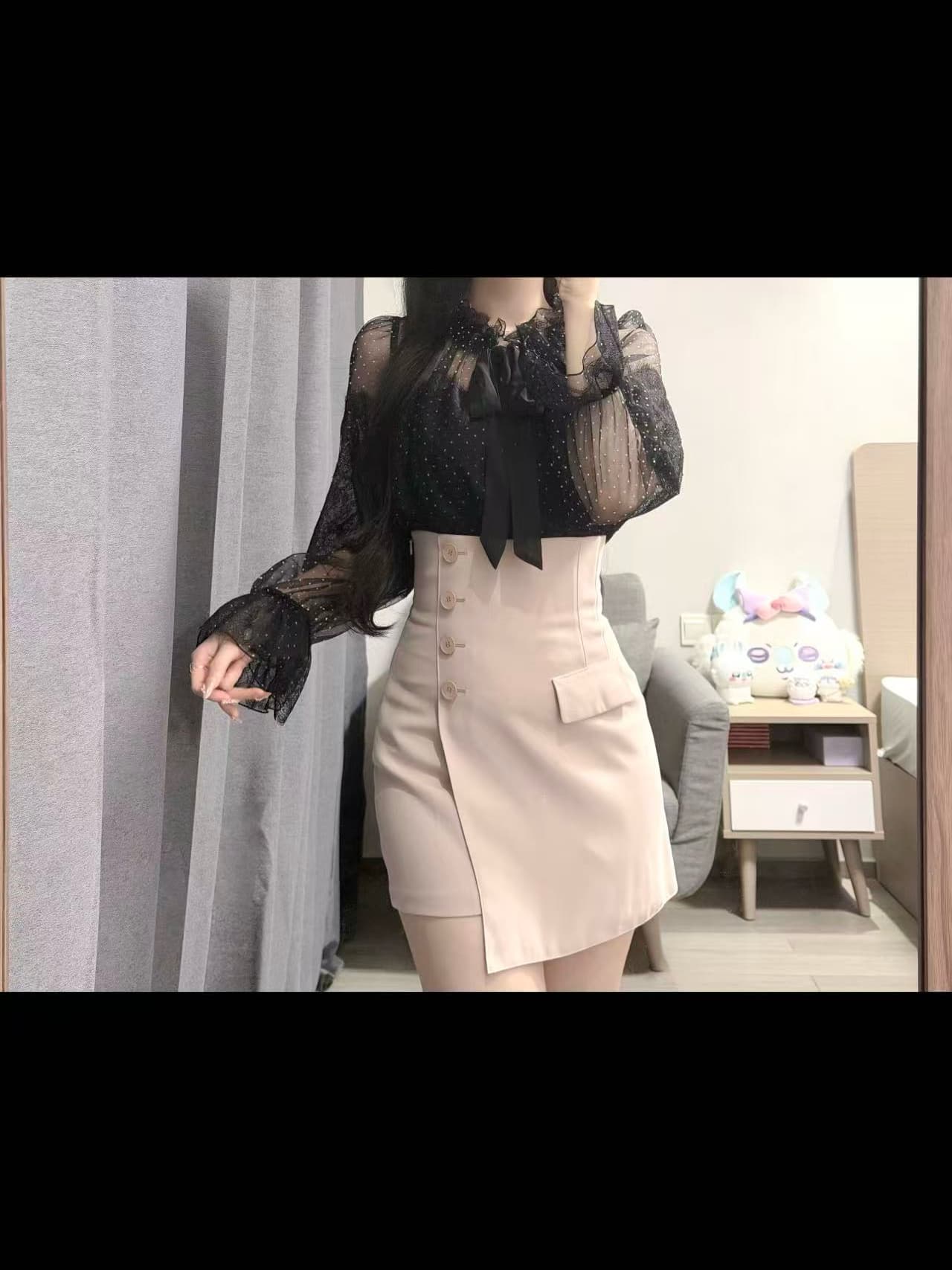 달콤함 순수한 욕망 바람 쉬폰 톱 반 스커트 세트 여성 가을 새로운 부드러운 품격 분위기 센스 투피스 세트