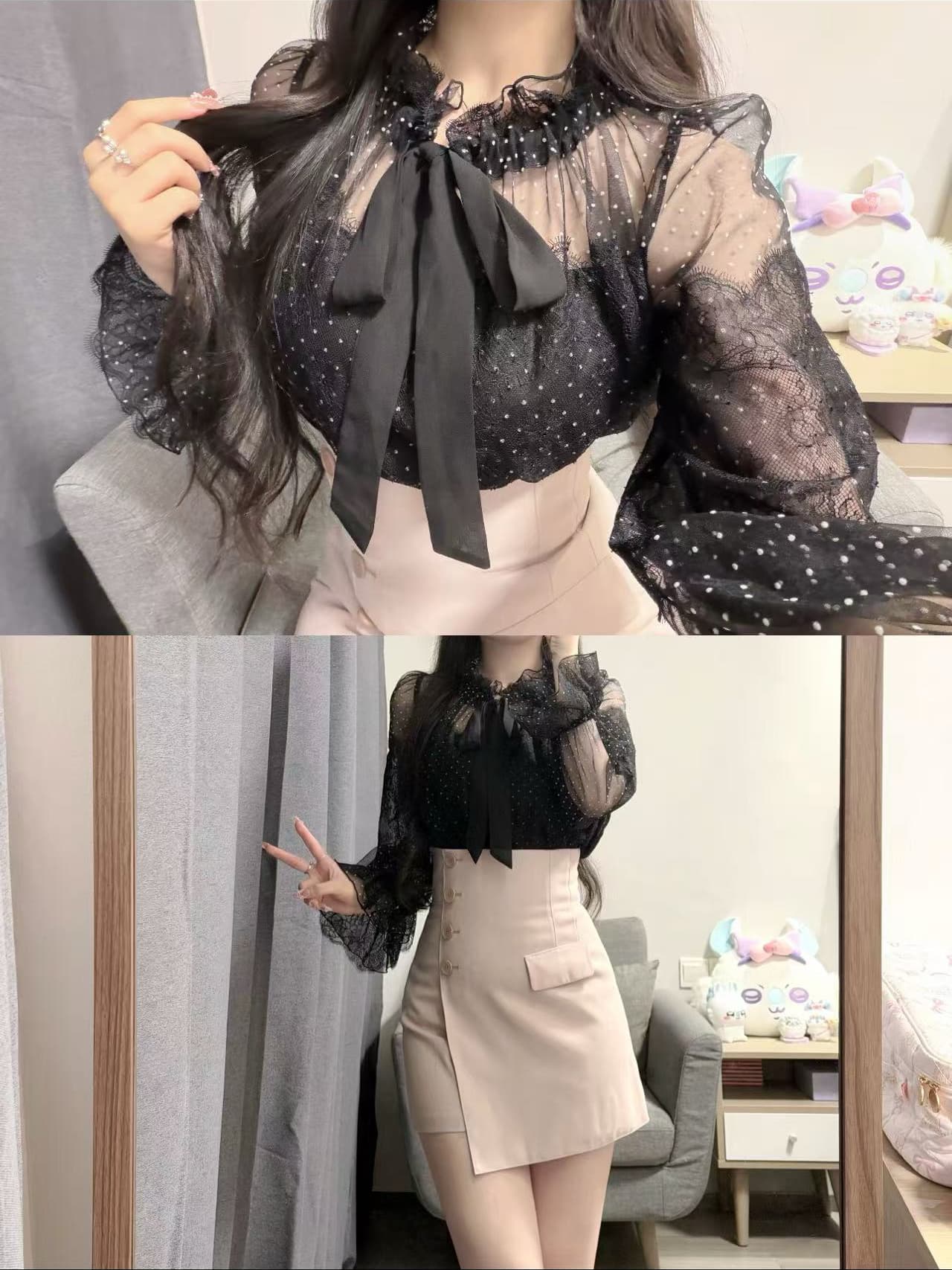 달콤함 순수한 욕망 바람 쉬폰 톱 반 스커트 세트 여성 가을 새로운 부드러운 품격 분위기 센스 투피스 세트 상세 이미지 4