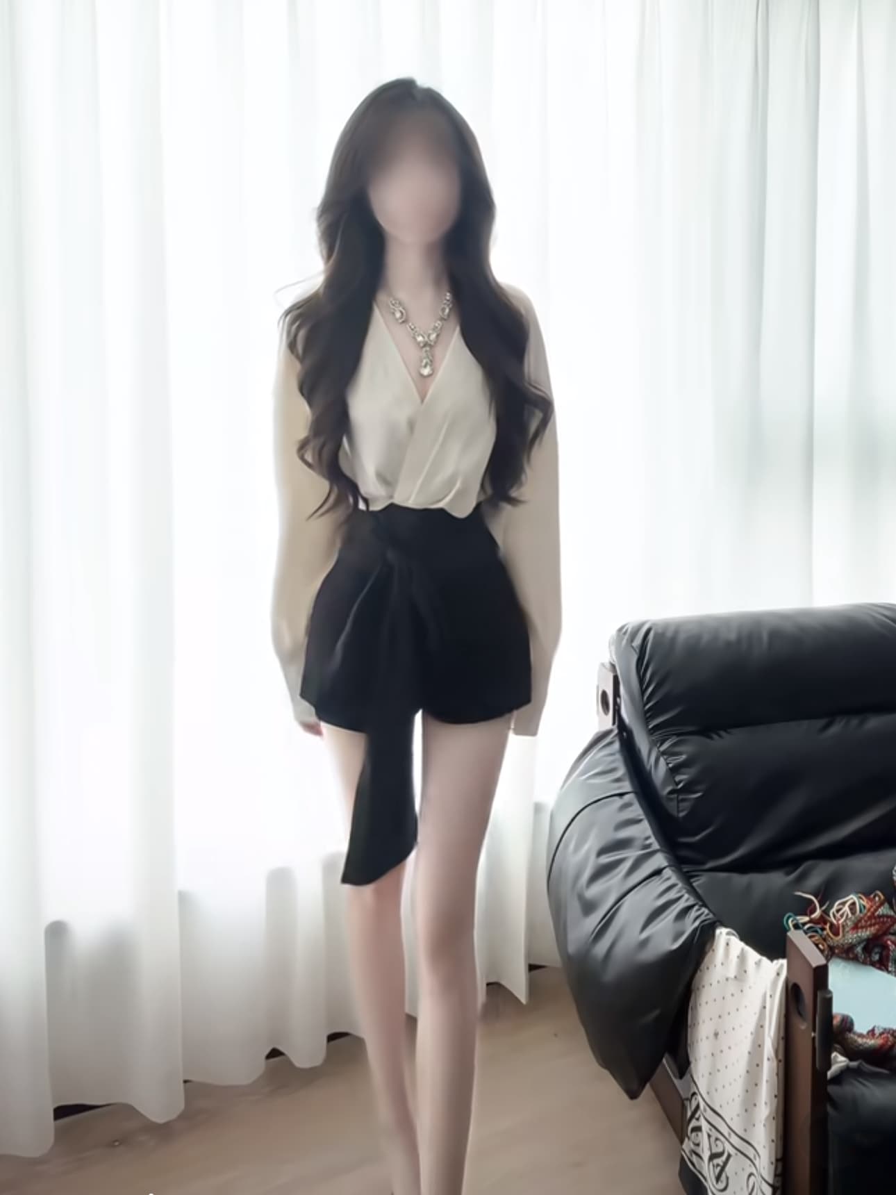 세트 여성 가을 순수한 욕망 바람 스트랩 패치워크 배색 V넥 긴팔 셔츠 맨위 하이웨이스트 슬림해 보이는 검정색 반바지