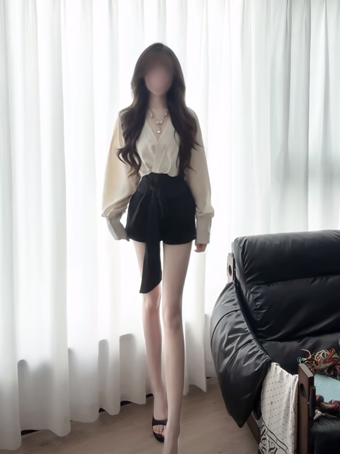 세트 여성 가을 순수한 욕망 바람 스트랩 패치워크 배색 V넥 긴팔 셔츠 맨위 하이웨이스트 슬림해 보이는 검정색 반바지 상세 이미지 3