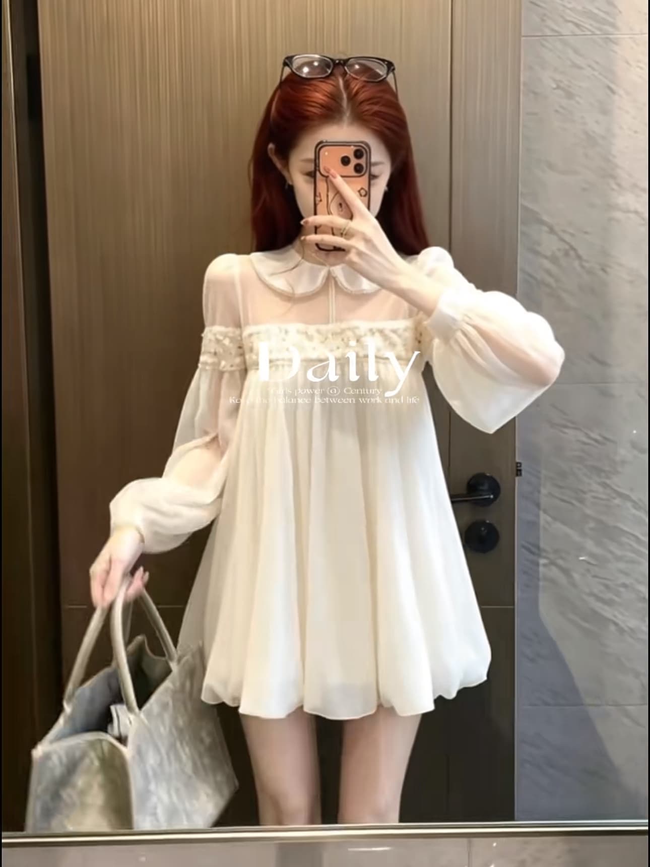 이른 가을 프랑스식 달콤함 베이비 칼라 비즈 박기 허리 수축 슬림해 보이는 한 마디 미니 스커트 한 부서 천 골드 망사 긴팔 드레스