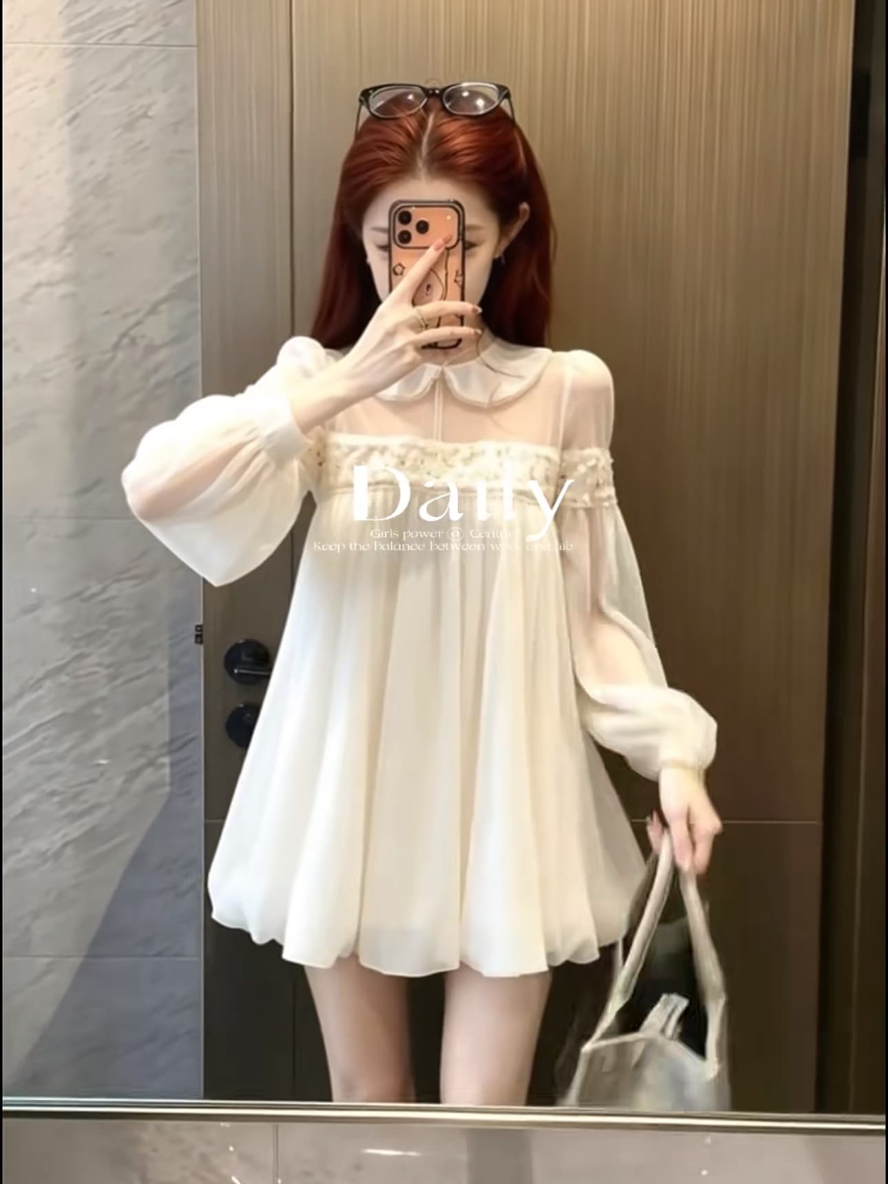 이른 가을 프랑스식 달콤함 베이비 칼라 비즈 박기 허리 수축 슬림해 보이는 한 마디 미니 스커트 한 부서 천 골드 망사 긴팔 드레스 이미지 3