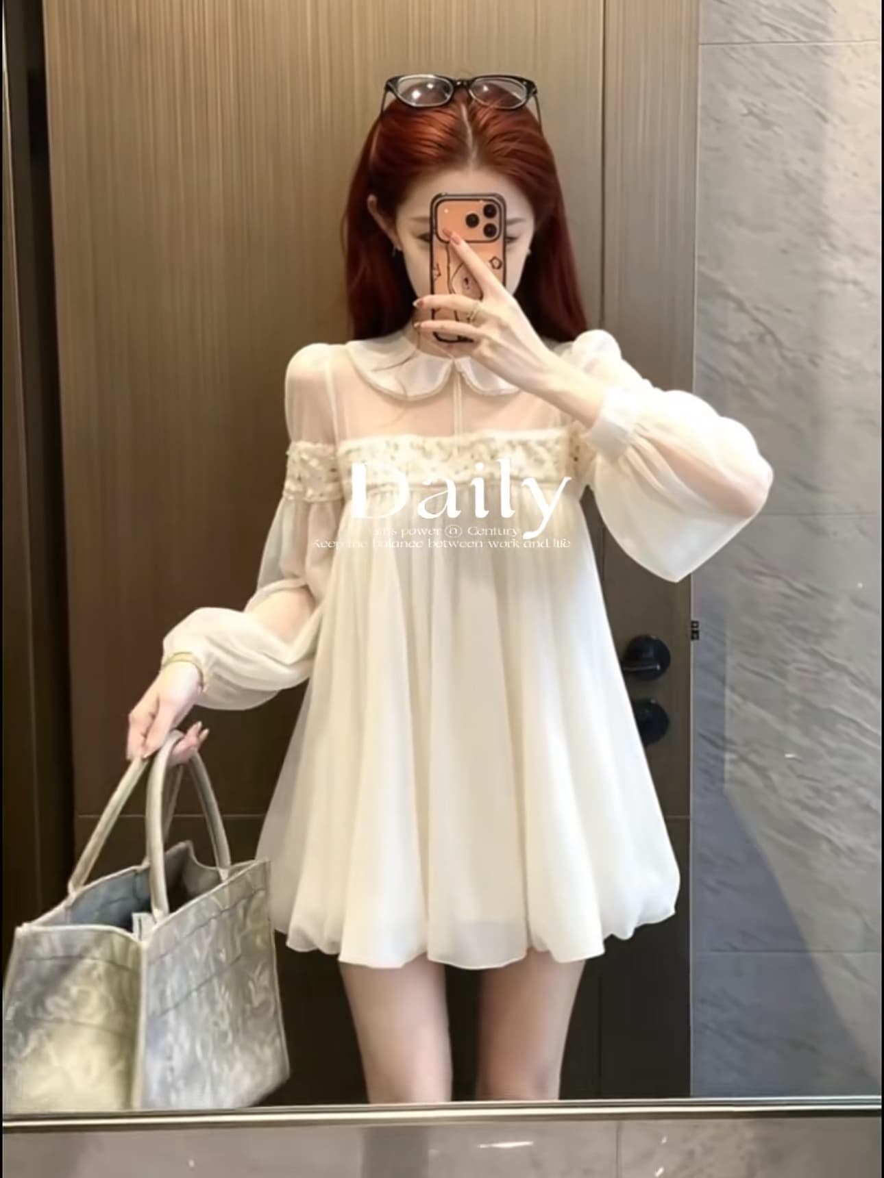 이른 가을 프랑스식 달콤함 베이비 칼라 비즈 박기 허리 수축 슬림해 보이는 한 마디 미니 스커트 한 부서 천 골드 망사 긴팔 드레스 상세 이미지 3