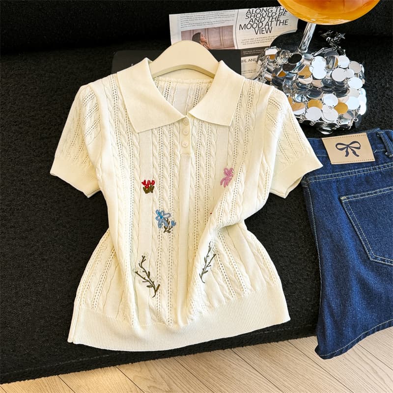 실사 자수 꽃 POLO 칼라 반팔 티셔츠 여성 2026 여름 새로운 한 부서 디자인 센스 작은 대중 니트 스웨터 상세 이미지 3