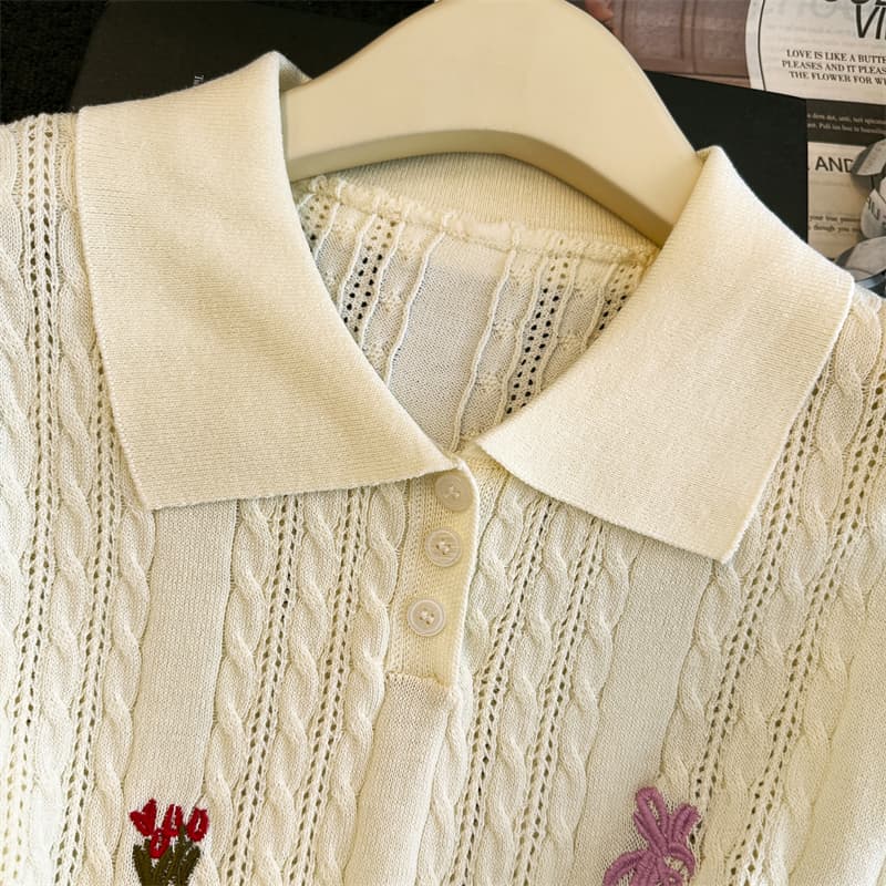 실사 자수 꽃 POLO 칼라 반팔 티셔츠 여성 2026 여름 새로운 한 부서 디자인 센스 작은 대중 니트 스웨터 상세 이미지 7