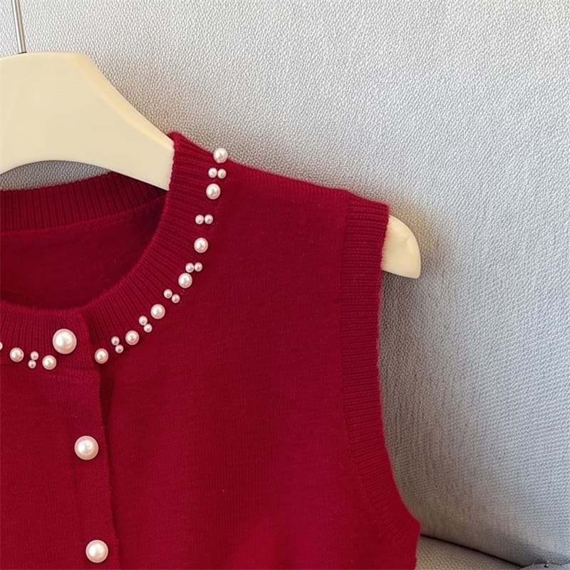 실사 작은 샤넬 스타일 비즈 박기 스웨터 베스트 니트 스웨터 2026 이른 가을 새로운 루즈핏 스택 착용 다용도 조끼 조끼 상세 이미지 6