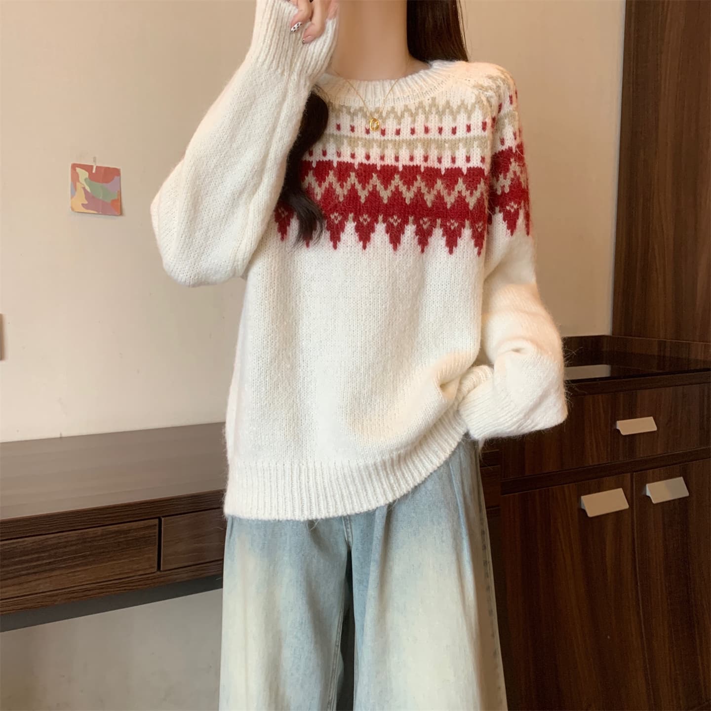 실사 레트로 공정한 섬 바람 스웨터 2026 가을 겨울 새로운 루즈핏 느긋한 패션 외국 가스 풀오버 니트 맨위 상세 이미지 19