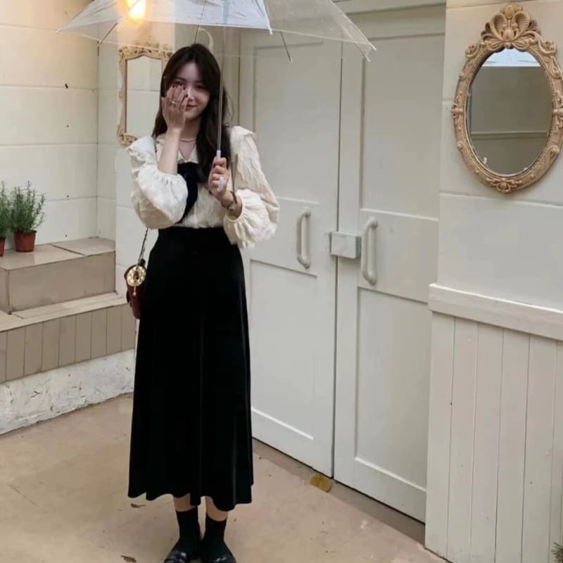 검정색 벨벳 반신 스커트 여성 봄 가을 고급 레트로 빅 사이즈 작은 키 금사 벨벳 치마 A라인 스커트 중간 길이 스커트 이미지 5