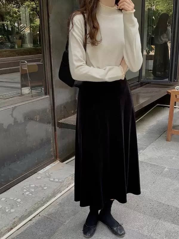 검정색 벨벳 반신 스커트 여성 봄 가을 고급 레트로 빅 사이즈 작은 키 금사 벨벳 치마 A라인 스커트 중간 길이 스커트 상세 이미지 6