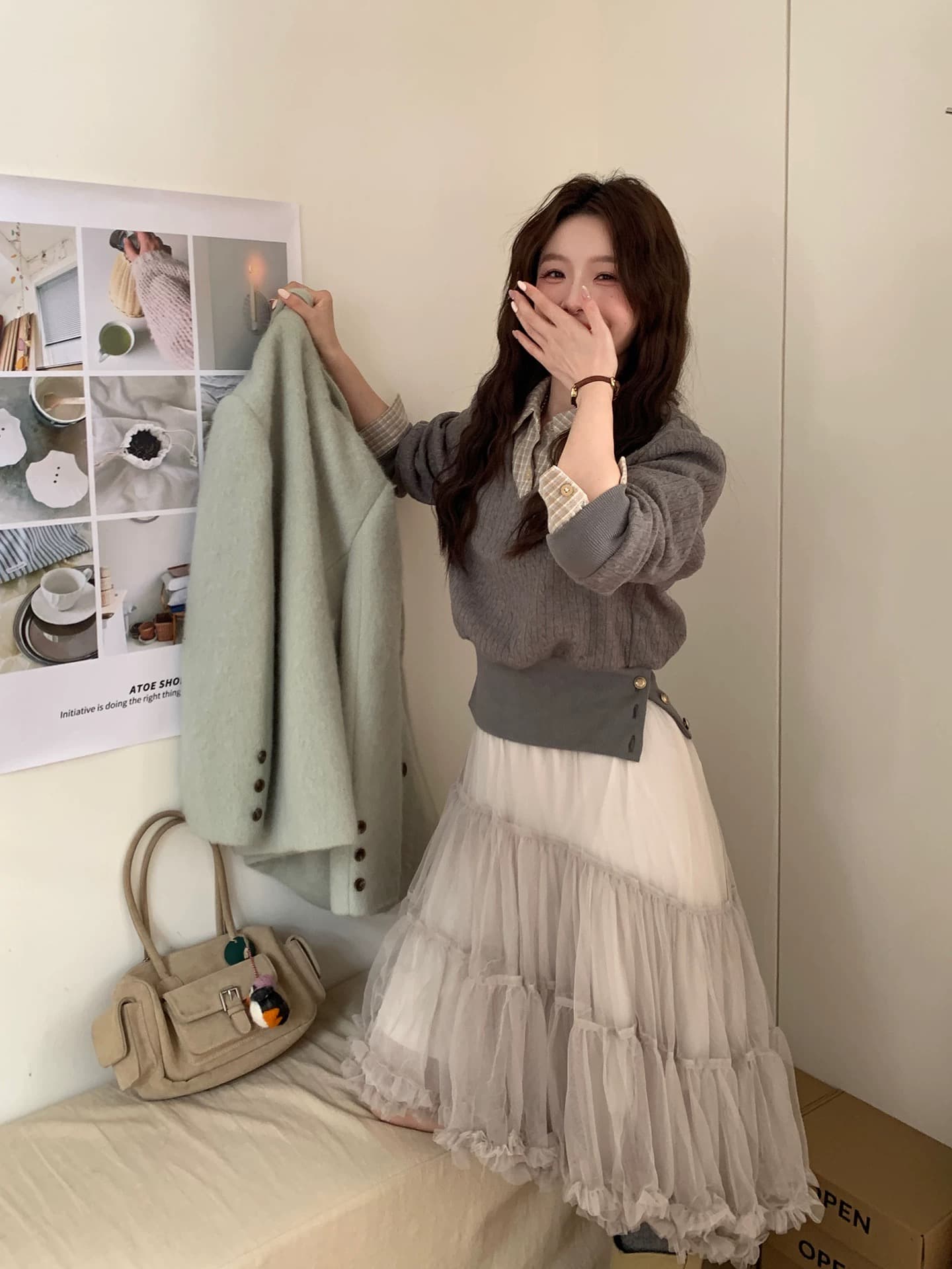even 하나 원자바오 회색 조정 달빛 한 부서 높음 지혜 센스 프랑스식 망사 질감 센스 주름 부드러운 다용도 거즈 스커트 상세 이미지 1