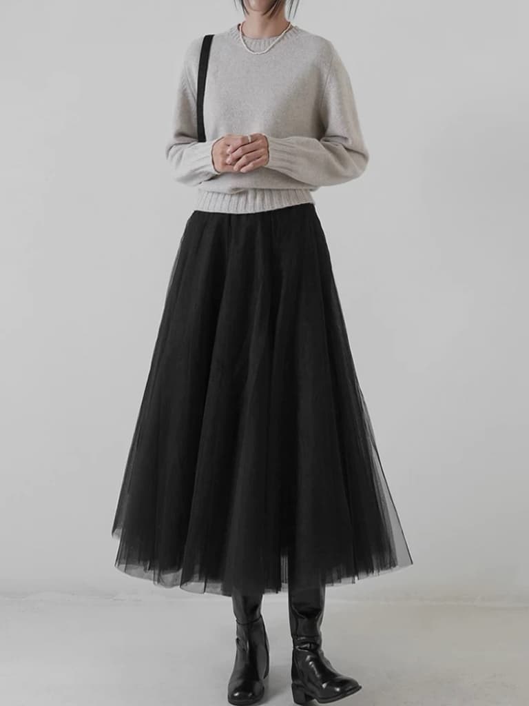백 루오 앤 검정색 허리밴드 망사 치마 여성 반신 스커트 겨울 새로운 다용도 도루 가을 중간 길이 한 마디 빅 플레어 스커트 상세 이미지 1