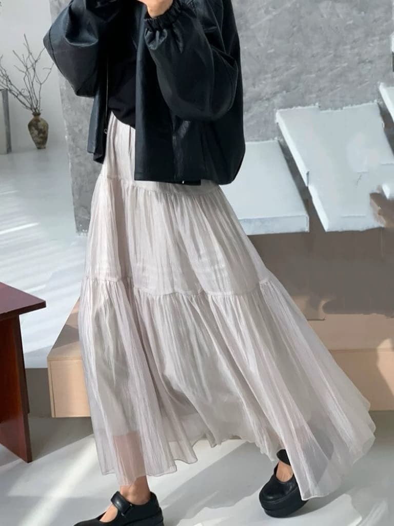 필리핀 그녀 feita 요정 가스 펄럭 이는 마이크로 주름 구슬 빛 질감 반 스커트 하이웨이스트 한 마디 패치워크 케이크 드레스 거즈 스커트 봄 여름 이미지 2