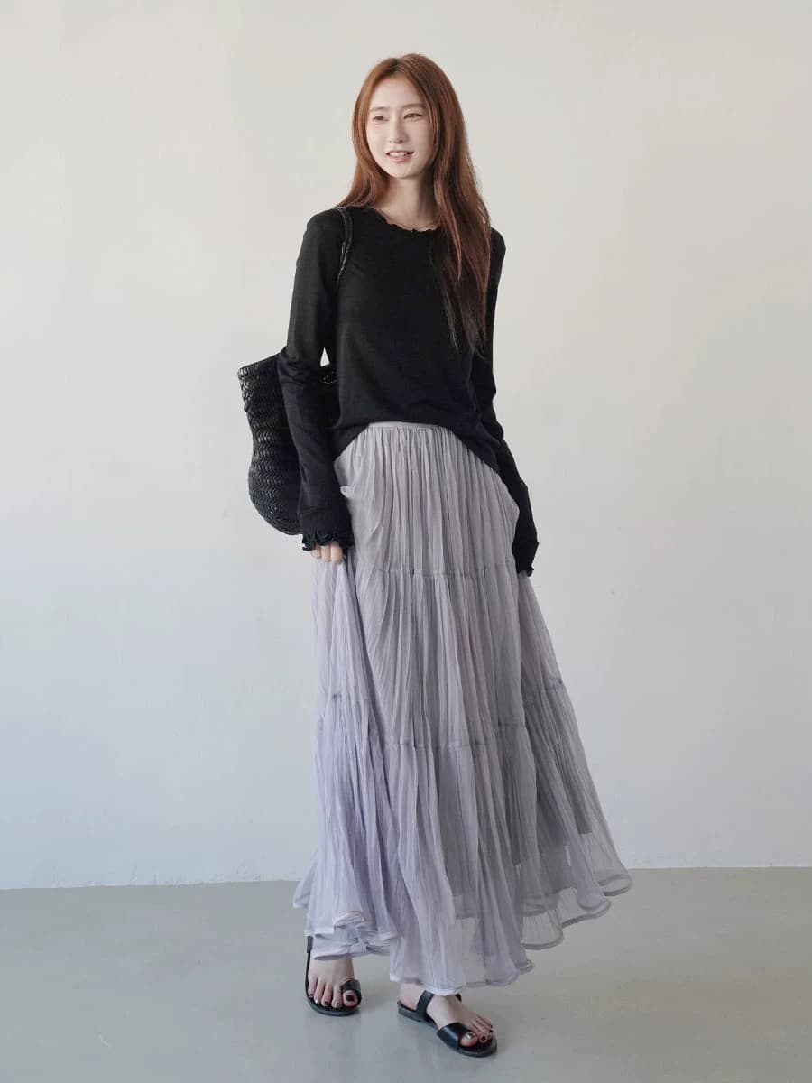 조기 봄 하이웨이스트 플리츠 망사 반신 스커트 여성 향기로운 芋 보라색 한 마디 치마 케이크 드레스 슬림해 보이는 도루 센스 롱 스커트 이미지 4