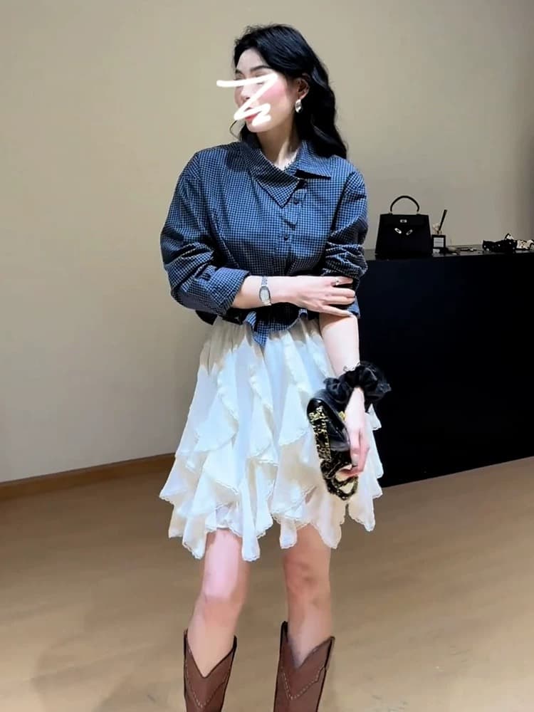 2026 새로운 부드러운 바람 miu 부서 화이트 반신 스커트 아이들 가을 겨울철 작은 키 불규칙 케이크 미니 스커트 이미지 2