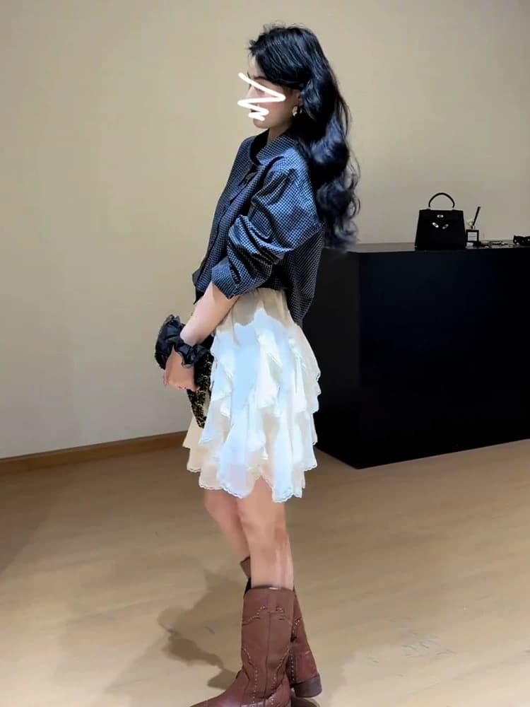 2026 새로운 부드러운 바람 miu 부서 화이트 반신 스커트 아이들 가을 겨울철 작은 키 불규칙 케이크 미니 스커트 상세 이미지 1