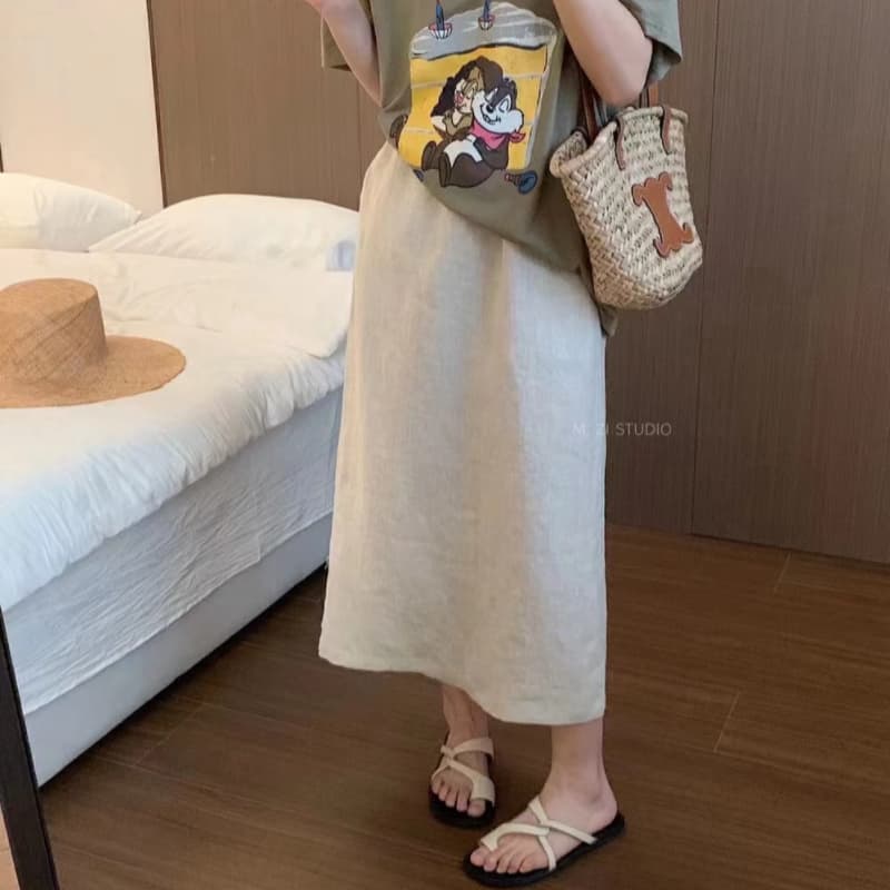 패션 캐주얼 단색 다용도 아마 반신 스커트 여성 여름 허리밴드 슬림해 보이는 롱 코트 루즈핏 한 마디 치마 트렌디 이미지 5