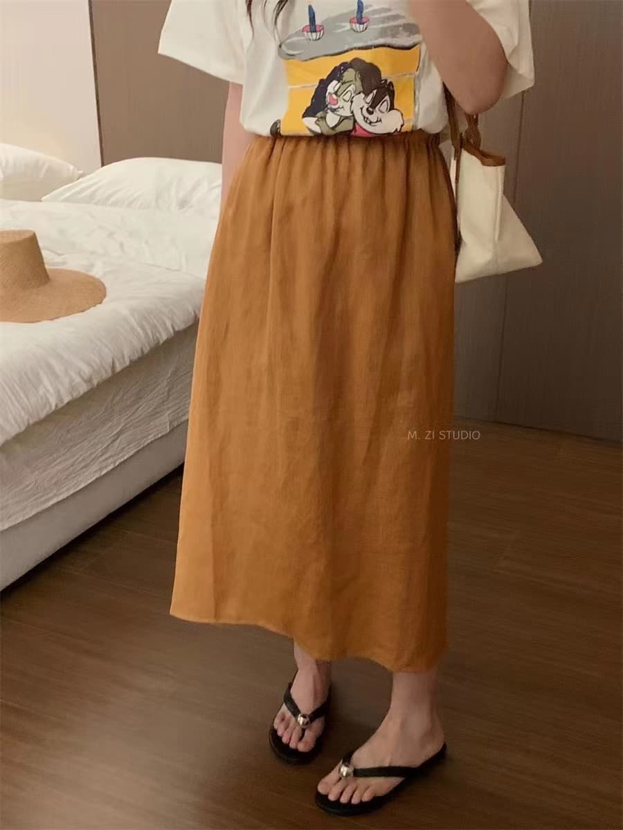 패션 캐주얼 단색 다용도 아마 반신 스커트 여성 여름 허리밴드 슬림해 보이는 롱 코트 루즈핏 한 마디 치마 트렌디 이미지 4