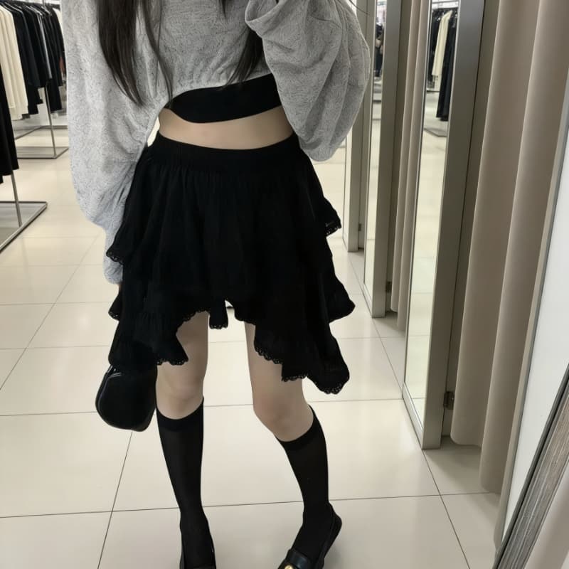 dawei 대 마이크로 홈 귀신 소녀 불규칙 레이스 레이스 반신 스커트 디자인 센스 케이크 미니 스커트 이미지 5