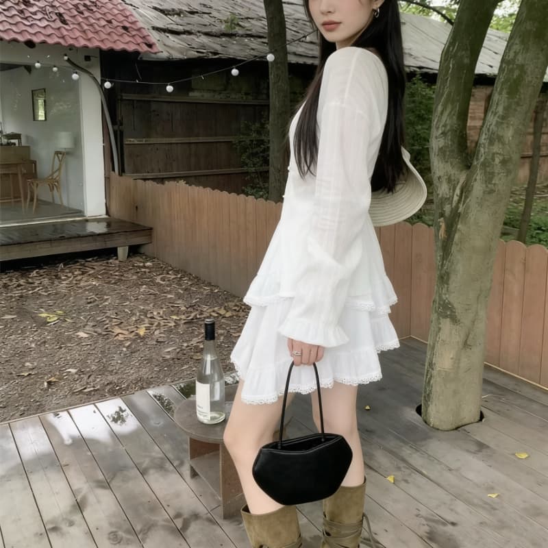 dawei 대 마이크로 홈 귀신 소녀 불규칙 레이스 레이스 반신 스커트 디자인 센스 케이크 미니 스커트 이미지 4