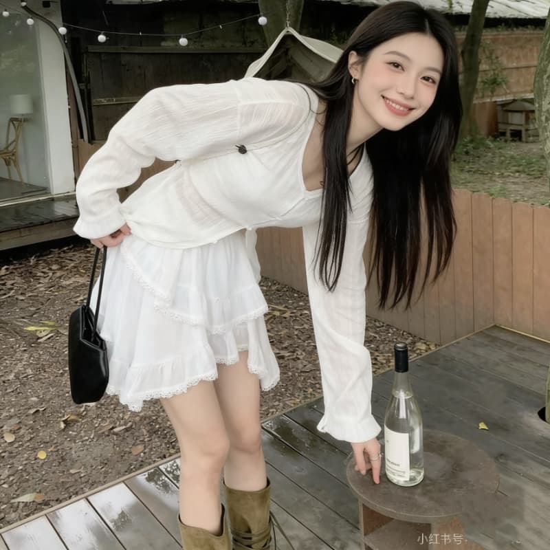 dawei 대 마이크로 홈 귀신 소녀 불규칙 레이스 레이스 반신 스커트 디자인 센스 케이크 미니 스커트 이미지 3