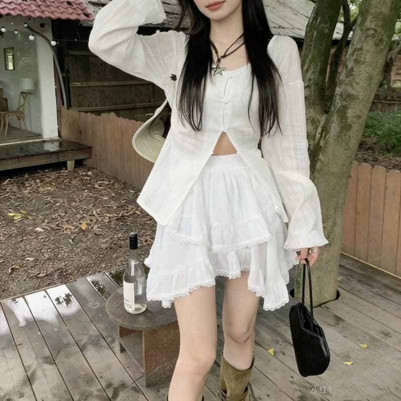 dawei 대 마이크로 홈 귀신 소녀 불규칙 레이스 레이스 반신 스커트 디자인 센스 케이크 미니 스커트 상세 이미지 1