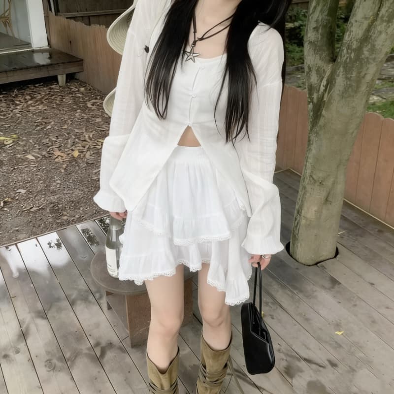 dawei 대 마이크로 홈 귀신 소녀 불규칙 레이스 레이스 반신 스커트 디자인 센스 케이크 미니 스커트 상세 이미지 3