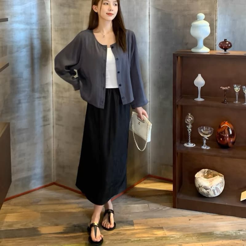 A 하나 암퇘지 빛 실크 색상 주름 반신 스커트 여성 여름 허리밴드 타이트 스커트 치마 트임 롱 코트 스트레이트 치마 이미지 5