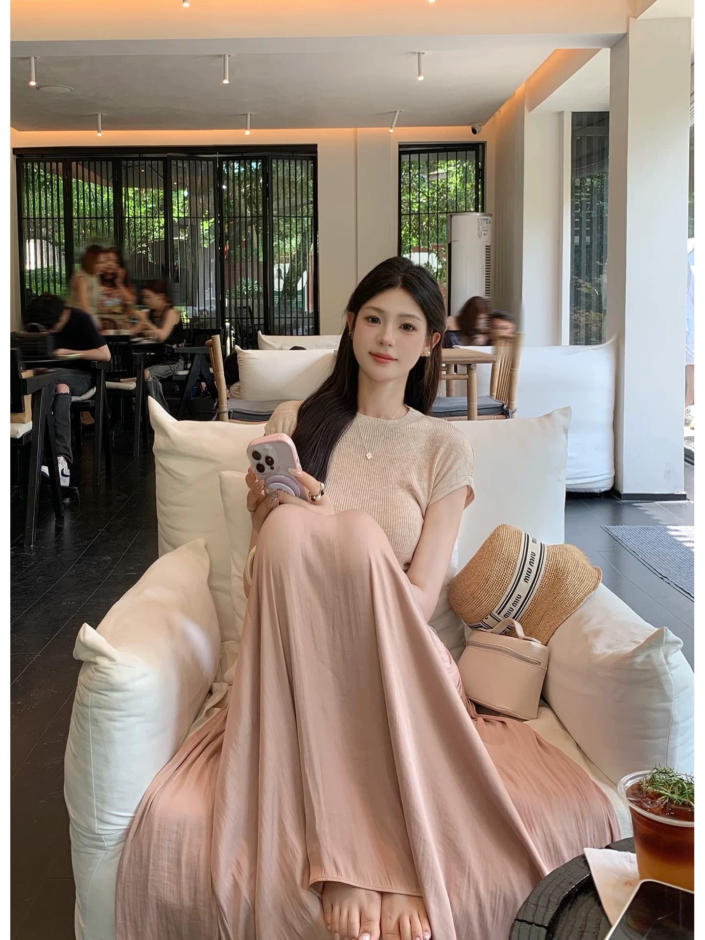 황색 곡물 1 종 nora studio 르노 A 분말 핑크색 플리츠 반신 스커트 여성 여름 슬림해 보이는 길다 치마 상세 이미지 4