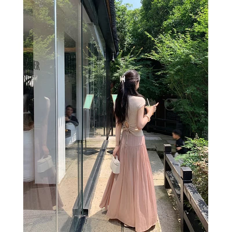 황색 곡물 1 종 nora studio 르노 A 분말 핑크색 플리츠 반신 스커트 여성 여름 슬림해 보이는 길다 치마 상세 이미지 5