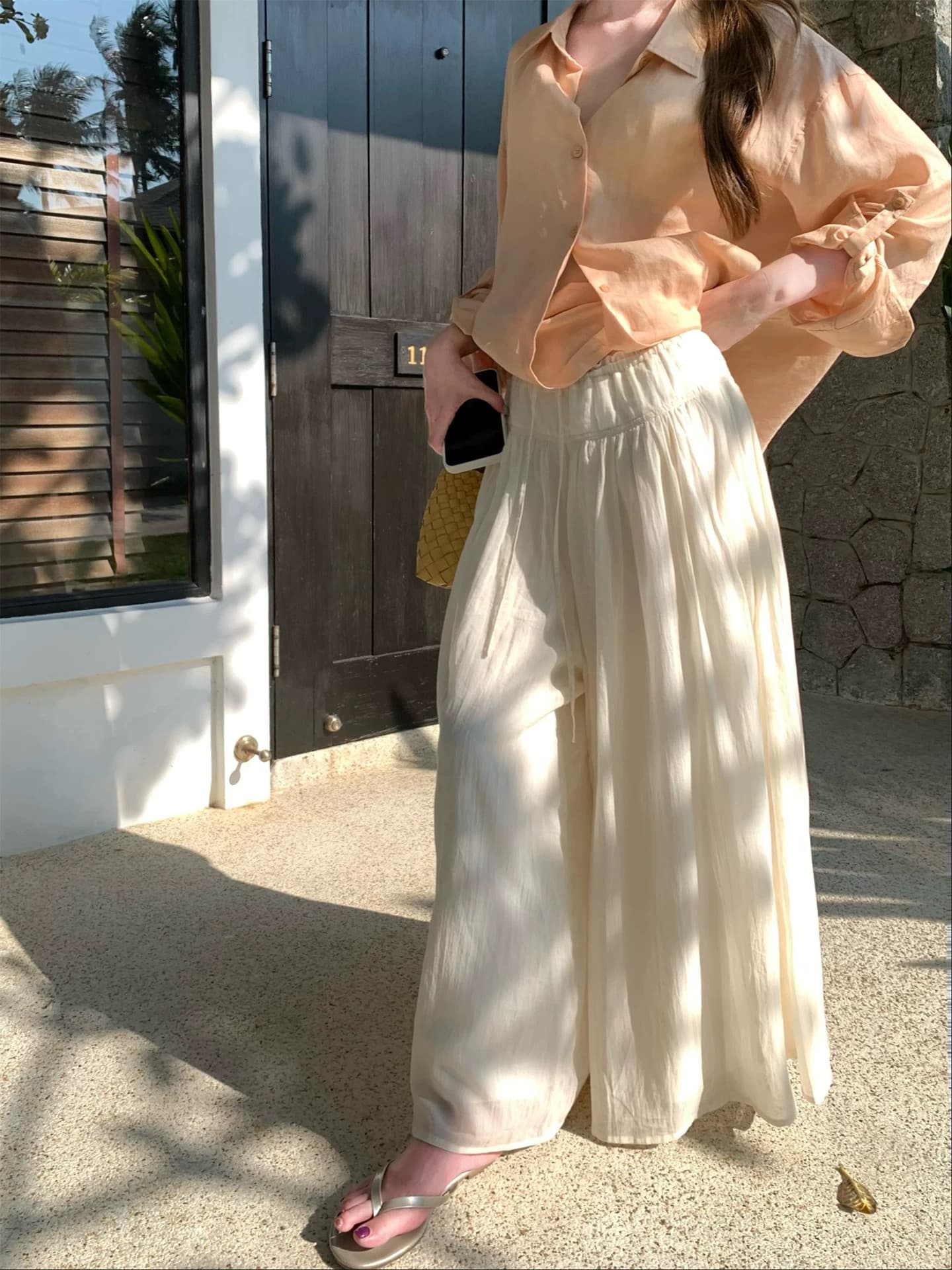 im ~까지 구름 바지 느긋한 도루 가을 센스 치마바지 여성 Xiamu 귀 핀치 Pleat 캐주얼 바지 루즈핏 슬림해 보이는 와이드 레그 팬츠 상세 이미지 6