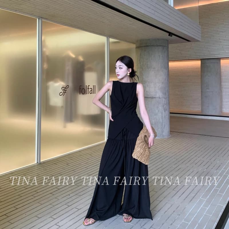tina fairy 대 주요 추진력 row 펄럭 이는 바지 고급 빗질된 면 슈퍼 슬림해 보이는 느슨함 둘 색상 이미지 5